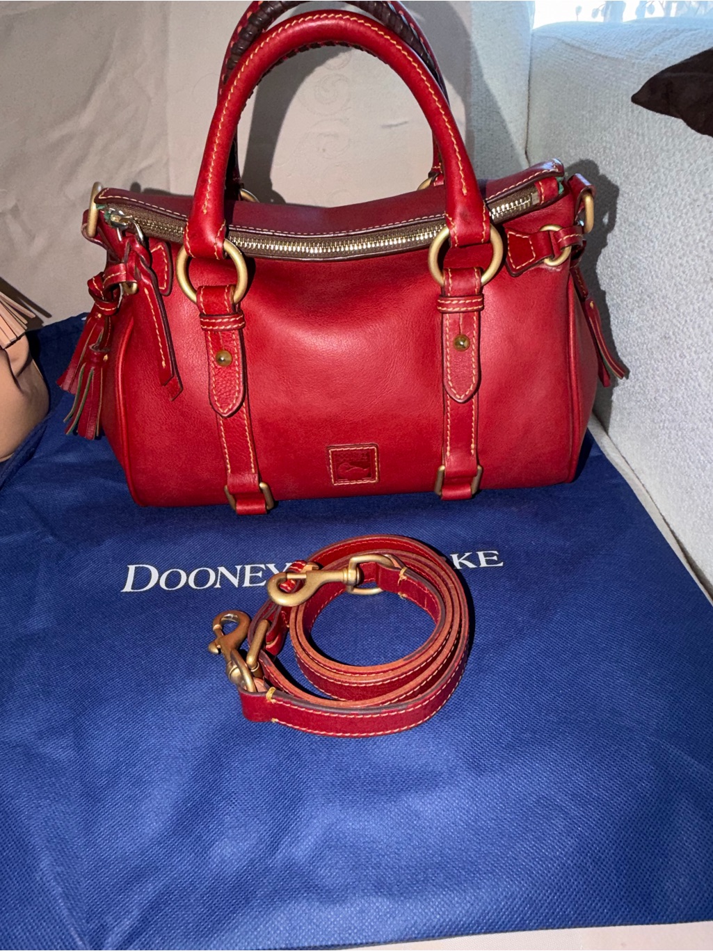 Dooney & Bourke Red Leather Satchel With Brass Hardware